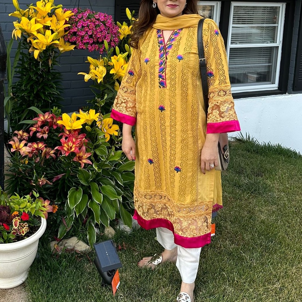 Yellow and Pink Embroidered Kurta